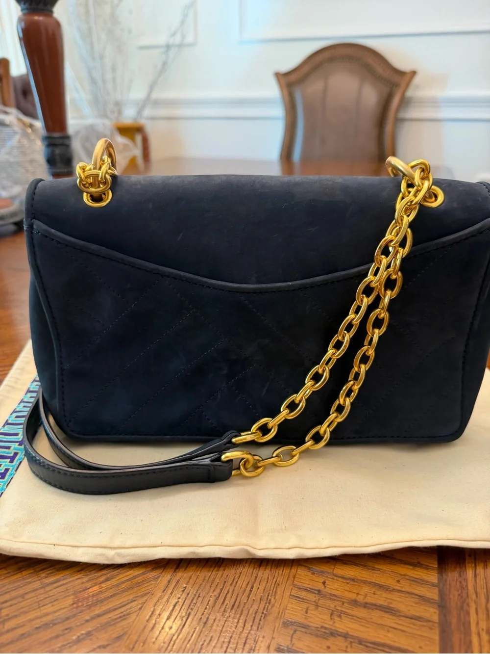 Tory Burch Black Suede Quilted Shoulder Bag with Gold Chain